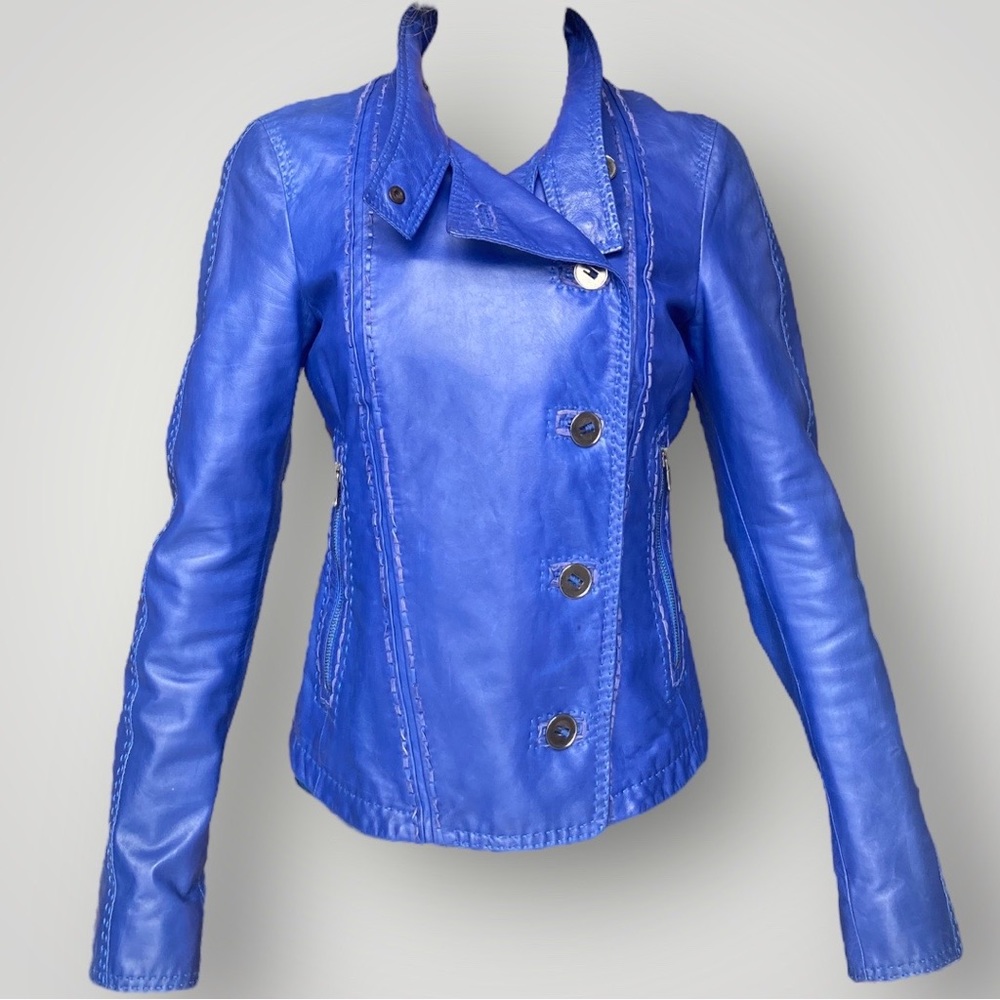 Donna Karan Lambskin Leather Blue Biker Jacket 🫐